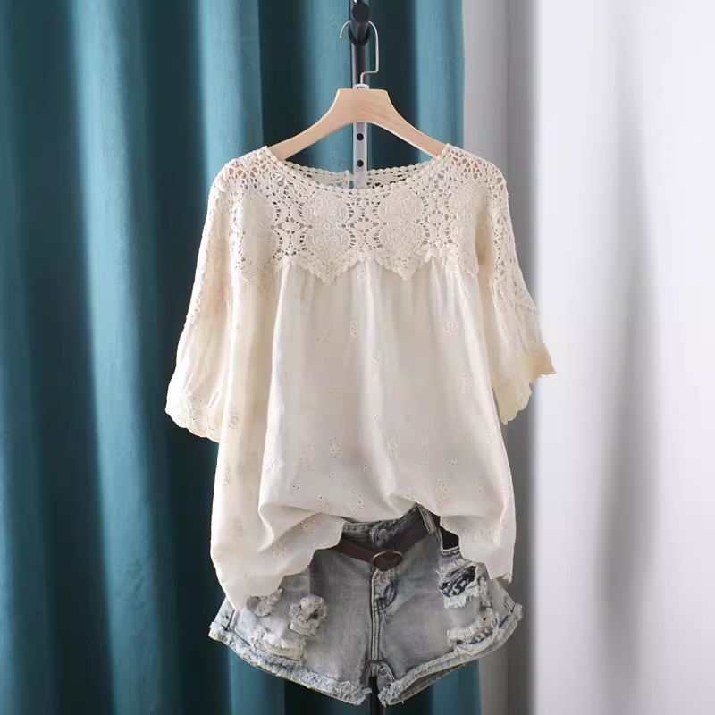 Japan Summer Clothing Women - قمصان وبلوزات مطرزة بالدانتيل المجوف لعام