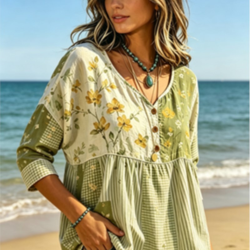 Yellow Summer Clothing - بلوزة نسائية خضراء وصفراء بنقشة الزهور،