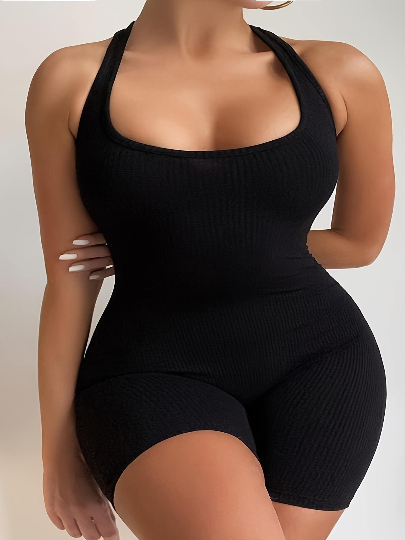 Summer Clothing Plus Size - بذلة رياضية نسائية سوداء بحمالة رقبة